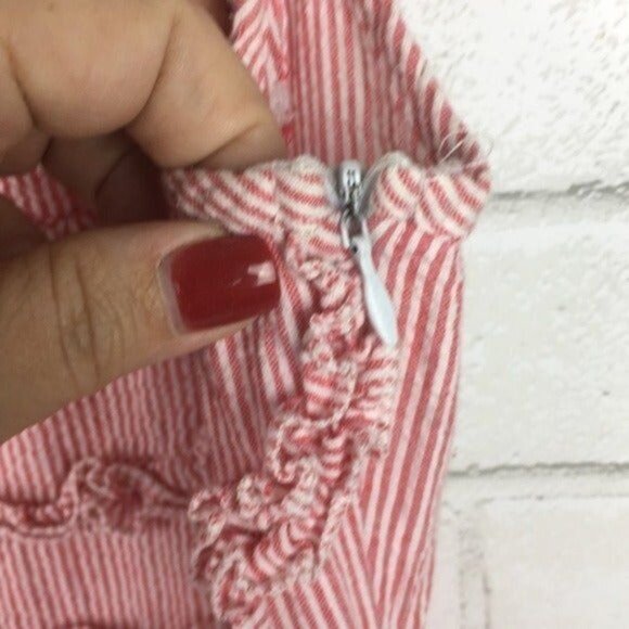 Striped Pink Cotton Sleeveless Dress With Lace Trim & Tiered Ruffle Hem By Amor - Picture 3 of 6